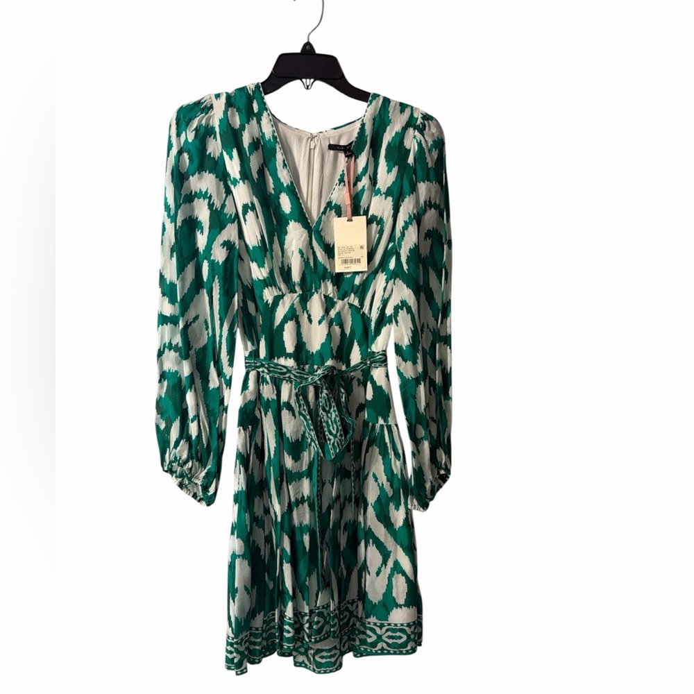 Alex Marie Renata Ikat Mini Dress NWT Size 6 Green White Tie Waist